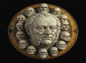 תמונה שמכילה פני אדם, פריט אומנות, אומנות, חריטה התיאור נוצר באופן אוטומטי