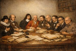 A group of men sitting around a table with books AI-generated content may be incorrect.