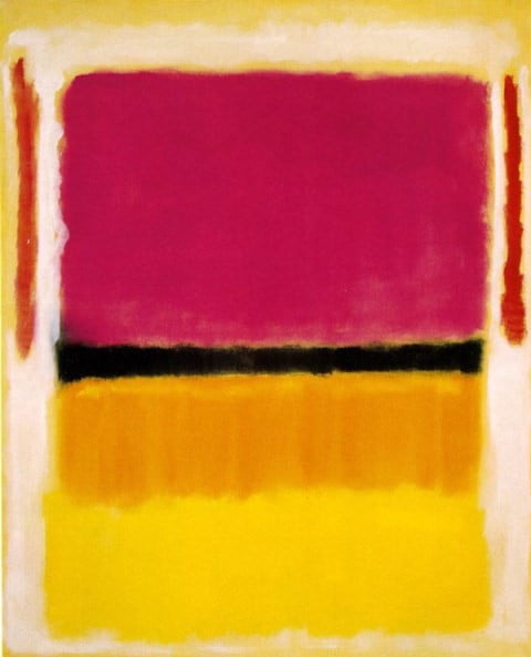 A painting of a rectangular red yellow and black