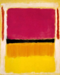 A painting of a rectangular red yellow and black AI-generated content may be incorrect.